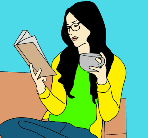 A women drinking green tea while reading a book.